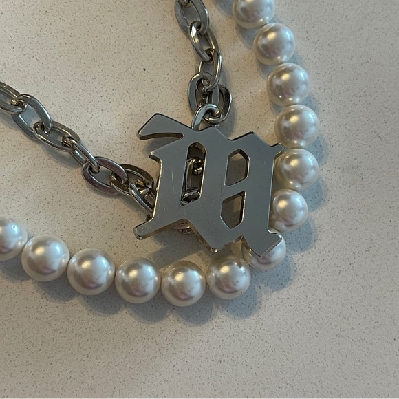 MISBHV pearl-trim chain necklace silver & white link choker silver plated - Picture 6 of 6